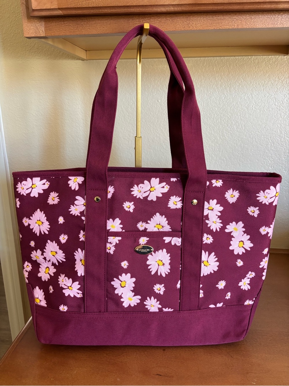 Coach Floral Canvas Tote Bag in Burgundy with Pink Daisies